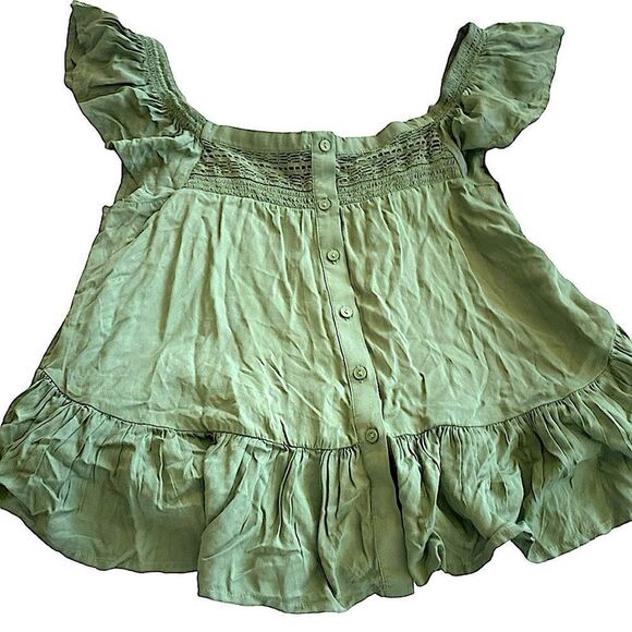 Lucky brand green button up ruffle top shoulders size extra small - Picture 1 of 4